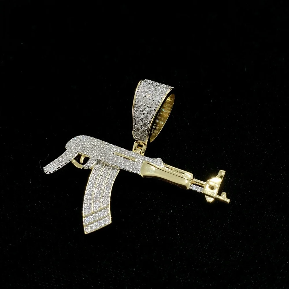EXCLUSIVE AK47 PENDANT NECKLACE 18K GOLD FULL LAB DIAMONDS CHAIN MADE IN ITALY!
